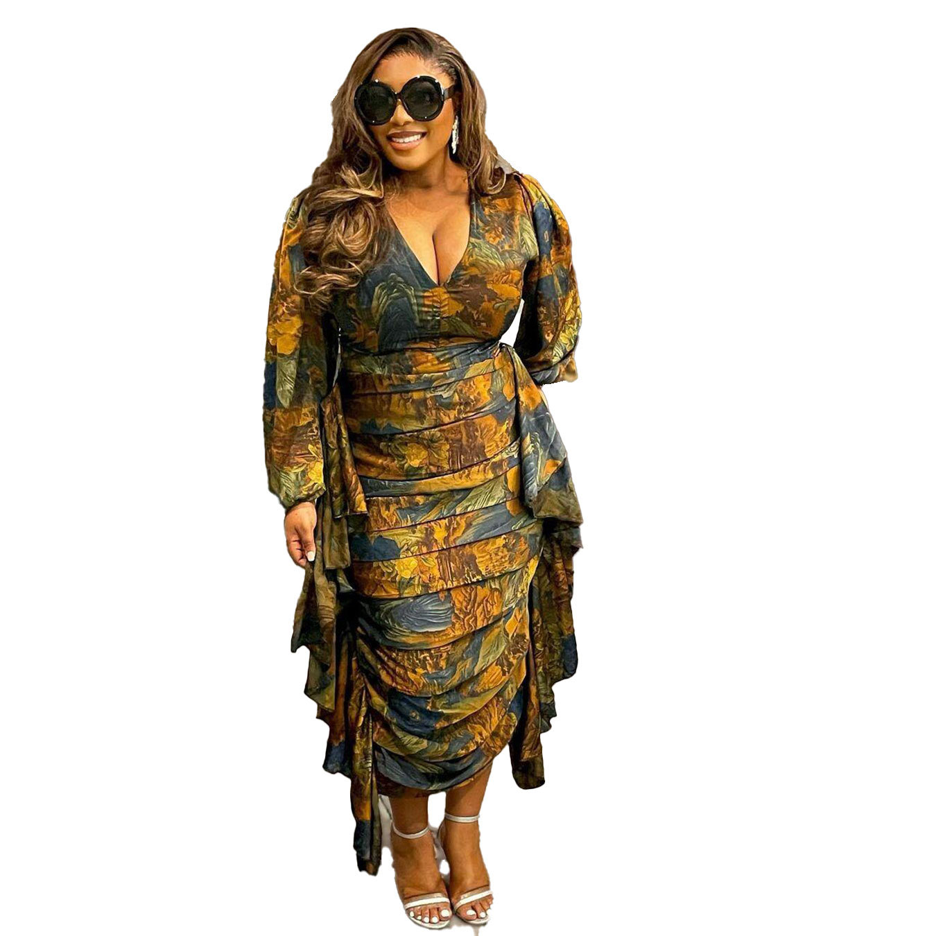 Women's Clothing Sexy Printed Ruffled Lantern Sleeve Hip Hugging Slim Fit Long Sleeve Dress_voghion.com