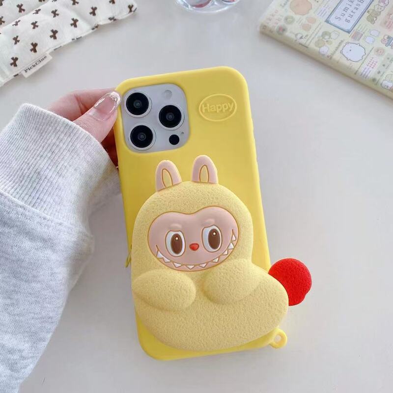 Apple 17Pm Cute Cartoon 3D Silicone Yellow Labubu Zipper Wallet Phone Case