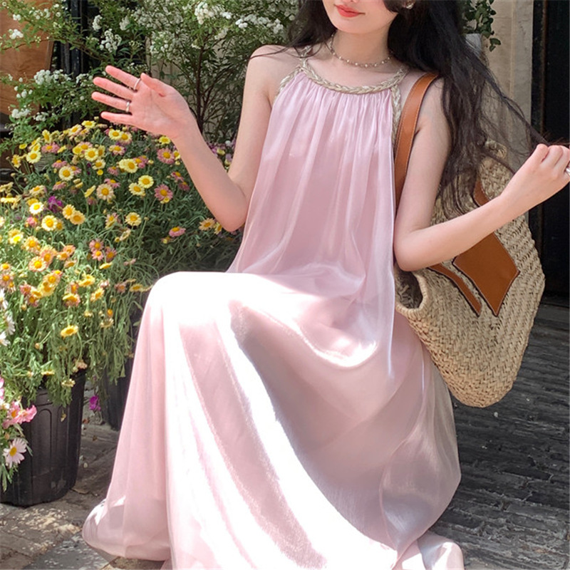 Streamers Mermaid Elf Loose Mesh Sling Dress Women's Gentle Style Neck Princess Holiday Long Dress Women