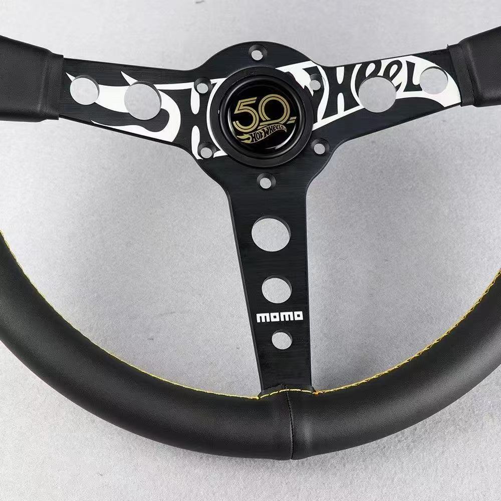 New MOMO 50th Anniversary Genuine Leather Car Modified Racing Steering Wheel 14inch Matte Leather Universal Quick-Release Steering Wheel