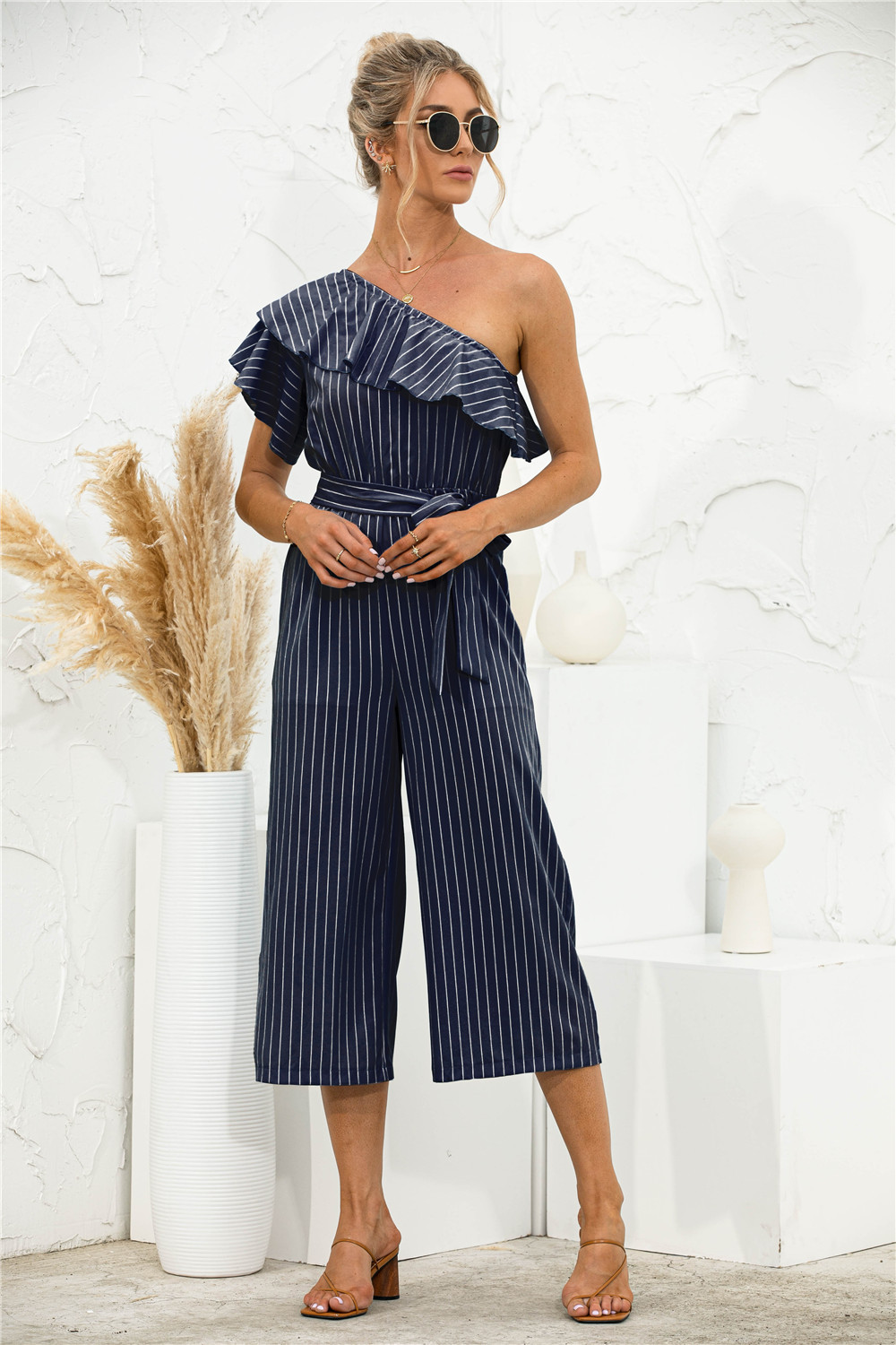 Oblique Shoulder Ruffles Striped Jumpsuit - Jumpsuits & Rompers - Uniqistic.com