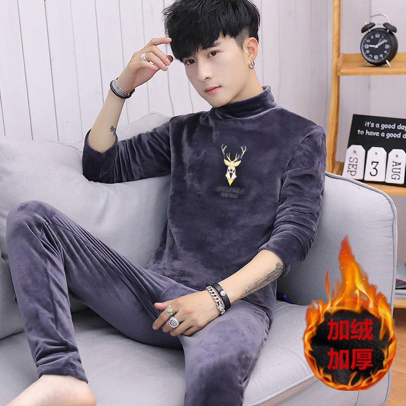 Teenagers Winter Thermal Underwear Set Men's High Collar Plus Velvet Thickened Double-Sided Super Velvet Men's Pajamas