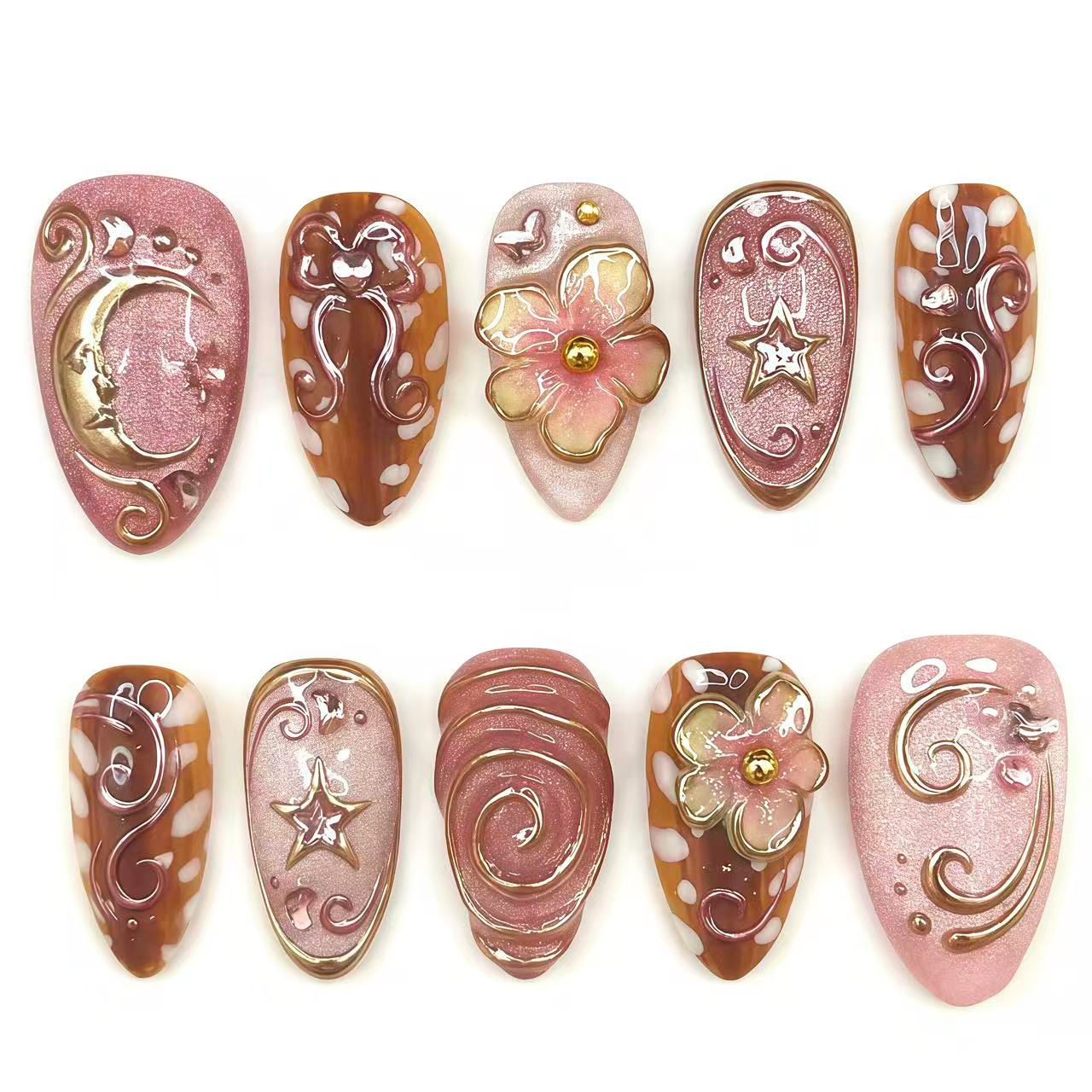 New early autumn 3D gold-coated chunky pink cat-eye press-on nails for cross-border European and American nail art