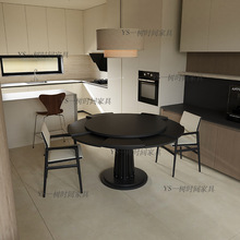法式复古实木餐桌酒店伸缩可变形家用小户型圆餐桌加转盘