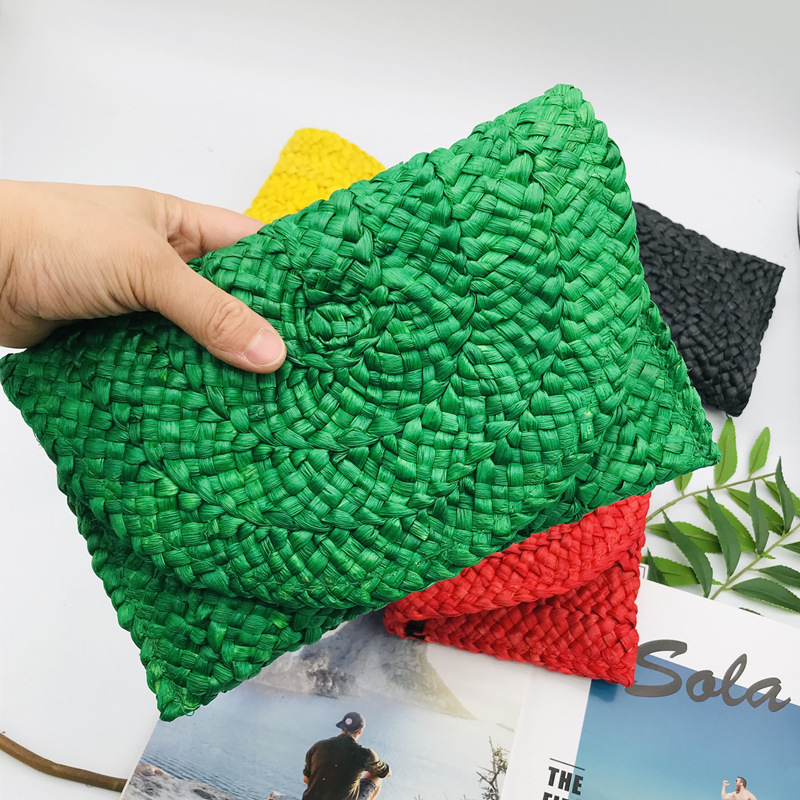 Yellow Red Green Straw Solid Color Weave Square Evening Bags display picture 4