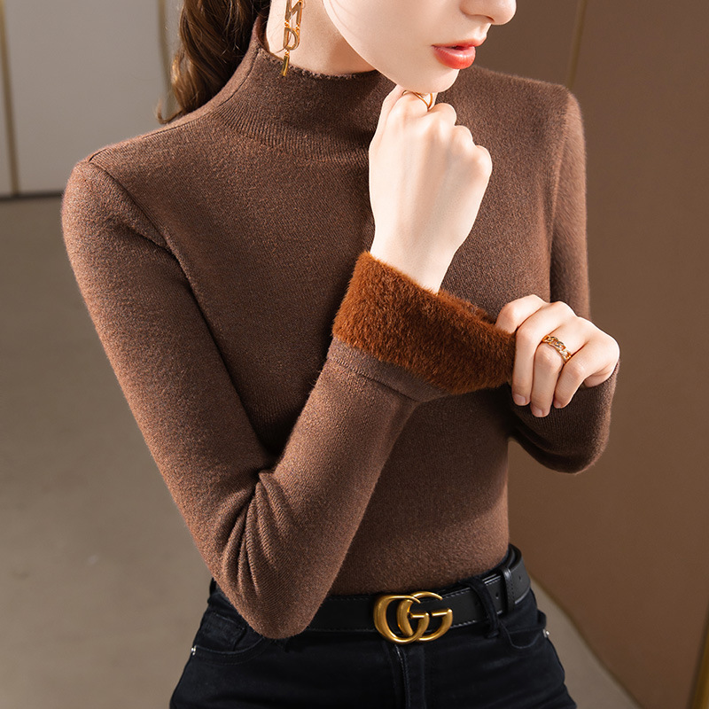 Medio cuello alto de las mujeres camisa de fondo de punto 2023 nuevas mujeres de color sólido engrosado suéter forrado de lana caliente superior interior