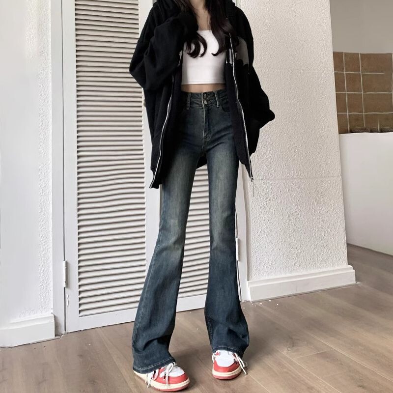 Cement Gray High-Waisted Bootcut Jeans for Women Spring New Double-Button Design Elastic Slimming Versatile Bell-Bottom Pants Cement Gray High-Waisted Bootcut Jeans for Women Spring New Double-Button Design Elastic Slimming Versatile Bell-Bottom Pants