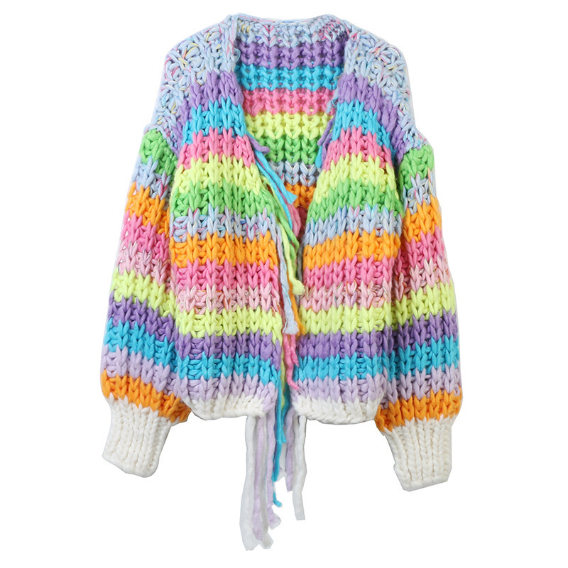 亚马逊秋冬新款欧美风纯手工彩虹条纹撞色粗针毛衣外套女sweater