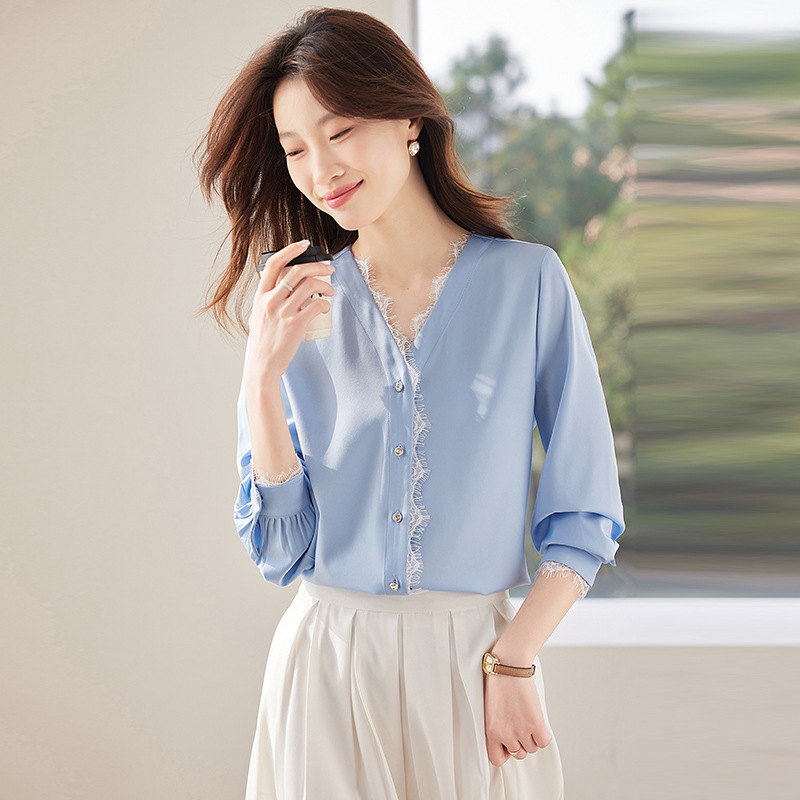 Lace Edge Shirt for Women 2025 New Spring and Autum V Neck Fashionable Professional Style Women's Satin Long-Sleeved Shirt