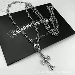 High-Quality CH Chrome Hearts Style Cross Necklace for Women – Korean & Japanese Japanese-Inspired Long Double-Layered Cross Pendant, Vintage Thai Silver Necklace Vcharm