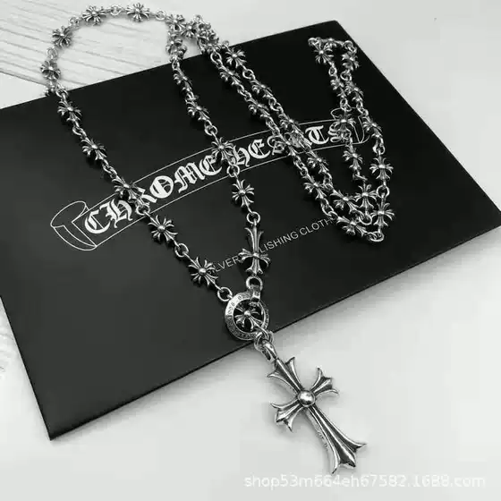 High-Quality CH Chrome Hearts Cross Necklace for Women Y2K Vintage Gothic Long Double Cross Pendant in Thai Silver