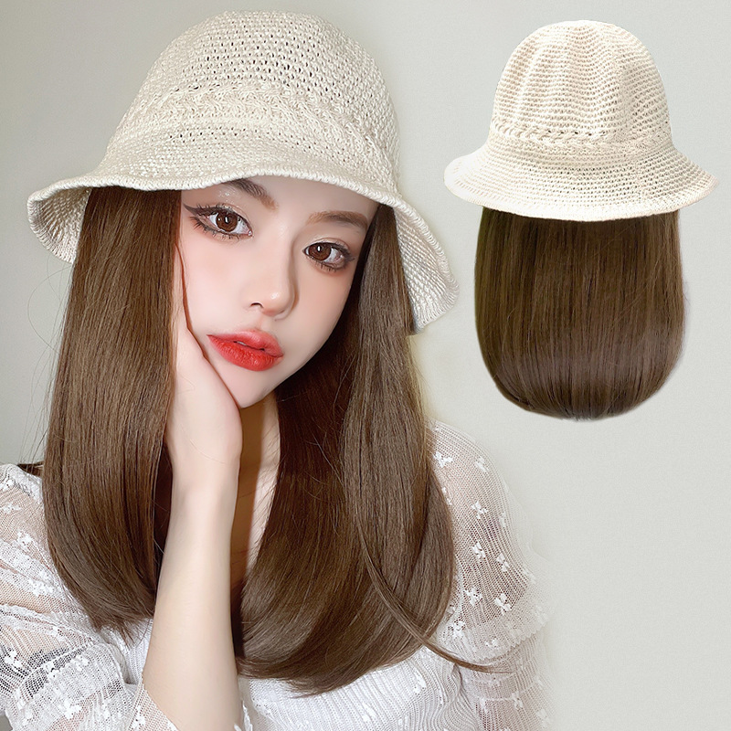 Wig Hat for Women, Fashionable Detachable Long Curly Hair, Long Straight Hair, Medium-Length Collarbone Hair, Headgear with Air Bangs, Fisherman Hat