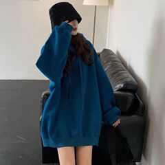 蓝色连帽加绒卫衣女春秋冬季2025新款宽松慵懒风中长款遮屁股