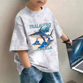 2025夏季纯棉新款鲨鱼鞋子印花T恤短袖男女童中大童百搭宽松上衣