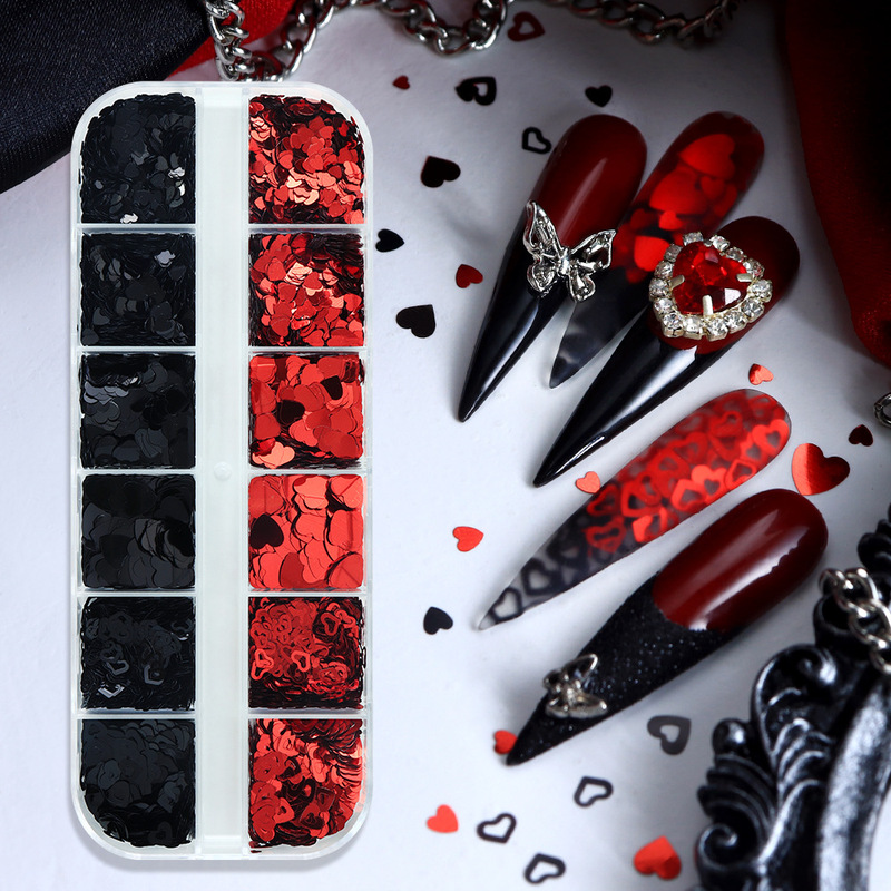 Valentine's Day 12-Compartment Heart-Shaped Nail Art Accessories Box Set, Red and Black Mixed Heart-Shaped Nail Glitter DIY Resin Decoration