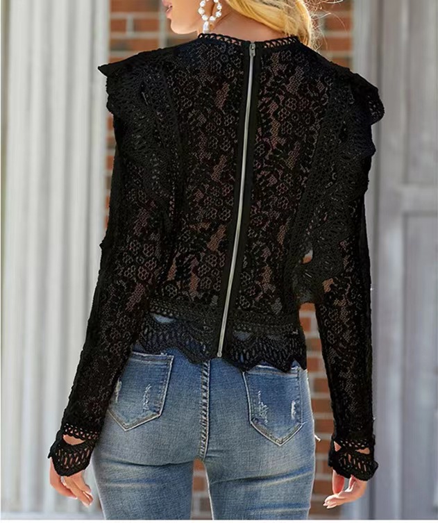 Women's Long Sleeve Blouse Sexy Hollowed Out Lace Top Solid Color Base American Style New Design Coat_ecoleips.com