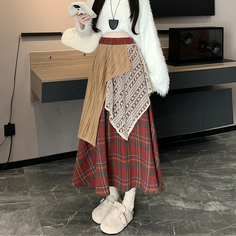 实拍 2025设计感拼接半身裙女秋冬小众别致复古格子裙A字裙长裙子|undefined