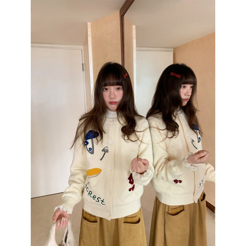 Hello Canon Fun Mushroom Embroidered Knitted Cardigan Women's Autumn and Winter 2025 New Dopamine Casual Top Trendy