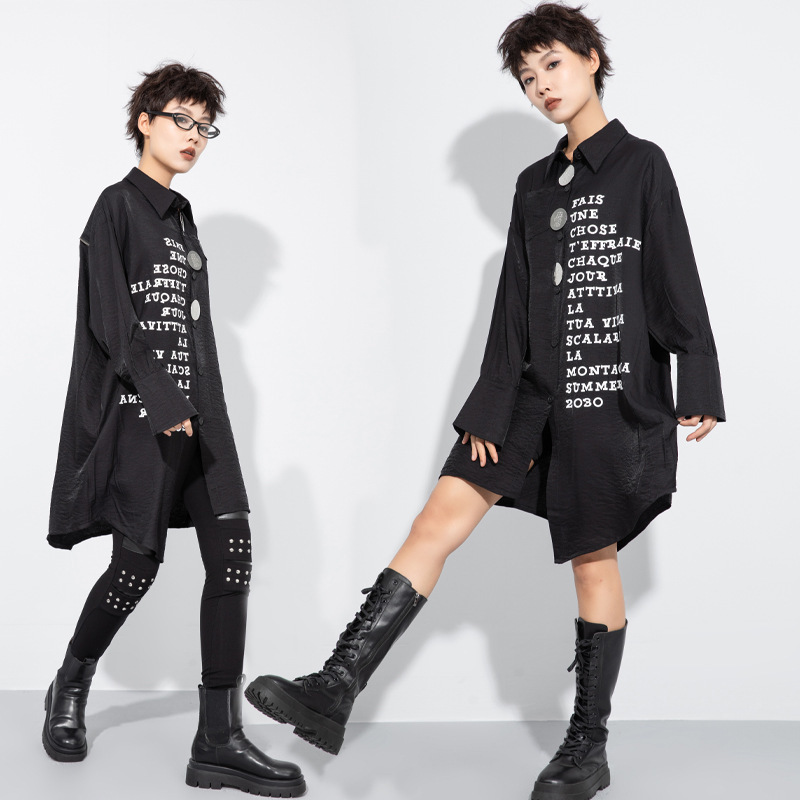 Autumn New Asymmetric Long-Sleeved Shirt for Women, Mid-Length Black Large Version with Printed Letters, Outer Shirt, Cross-Border Trendy Brand Autumn New Asymmetric Long-Sleeved Shirt for Women, Mid-Length Black Large Version with Printed Letters, Outer Shirt, Cross-Border Trendy Brand