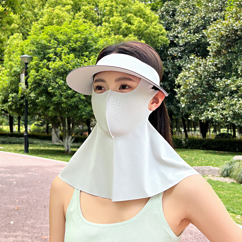 日焼け止め帽子、マスク、首の保護が一体化した夏用フルフェイス抗UV UPF50+アイスシルク通気性フェイスキニセット|undefined