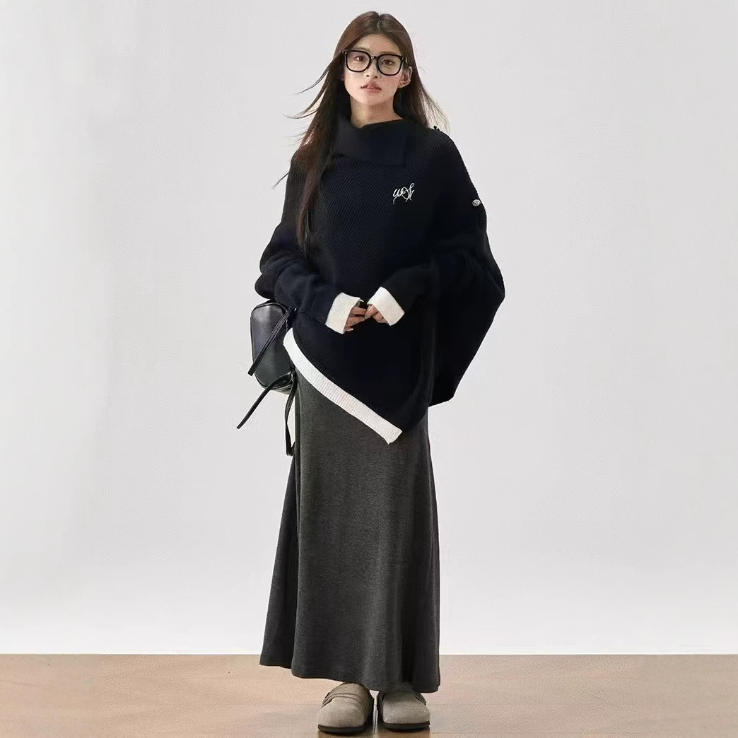 유럽 버전 느슨한 게으른 가을과 겨울 새로운 여성의 가을과 겨울 높은 칼라 불규칙한 느슨한 케이프 스웨터 코트 회색 디자인