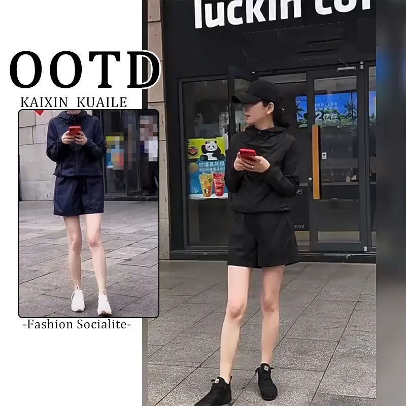 2025 야외 레저 스포츠웨어 정장 홍콩 스타일 복고풍 서양식 연령 감소 후드 자외선 차단 반바지 투피스 슈트