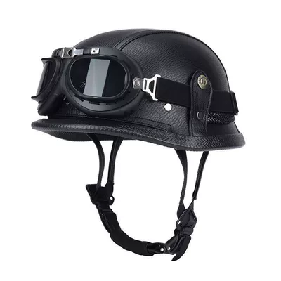 German-Style Steel Helmet, Retro Half Helmet for Cruising, Harley Men's Motorcycle Helmet, Biker Helmet, Soldier-Style Steel Helmet, Leather Helmet (Motosiklet dəbilqələri) - m55-56-black-black-frame-harley-mirror