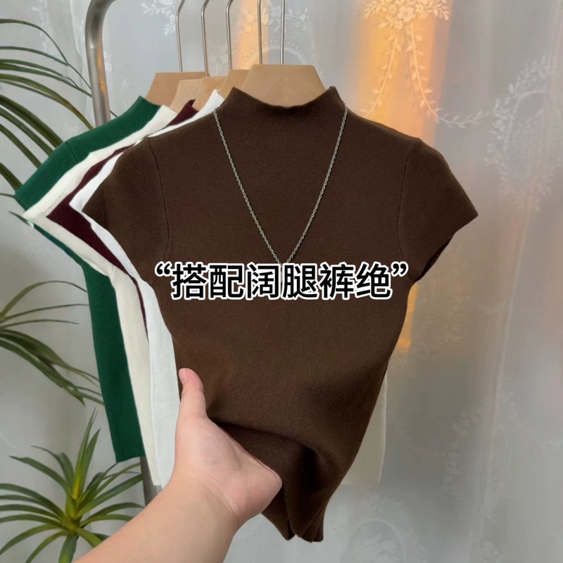 Soft and simple half-high collar, regular shoulder, flutter sleeve knit top for women, spring and autumn slim-fit base shirt Soft and simple half-high collar, regular shoulder, flutter sleeve knit top for women, spring and autumn slim-fit base shirt
