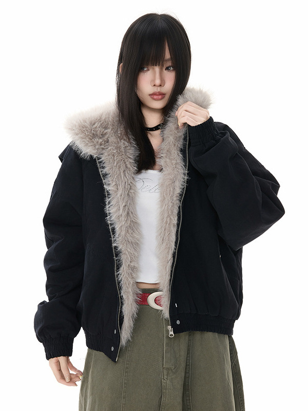 冬季美式棉服中性外套夹棉帆布水洗男女情侣装厚毛领连帽中长棉衣|undefined