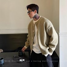 日系男士复古圆领撞色开衫秋冬季宽松休闲针织衫高级感毛衣外套