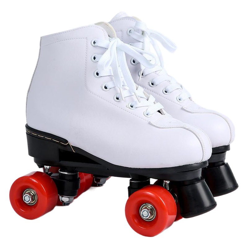 Fábrica al por mayor de cuero de doble fila de patines de cuatro ruedas de los hombres y las mujeres patines de ruedas Negro Blanco Flash patines transfronterizos exclusivos