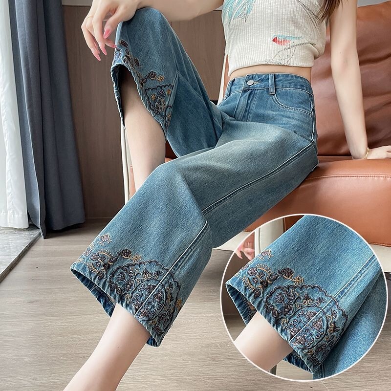 Plus Size Straight-Leg Jeans for Women, Summer Thin Style 2025 New Retro Slimming Embroidered Cropped Wide-Leg Pants