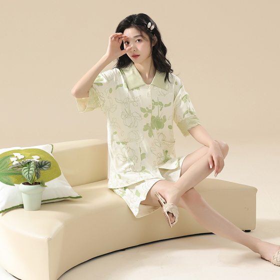 Class A Antibacterial 100 Cotton Pajamas Women's Summer Women's Short-sleeved Cardigan Floral Girl's Student's Cotton Home Clothes