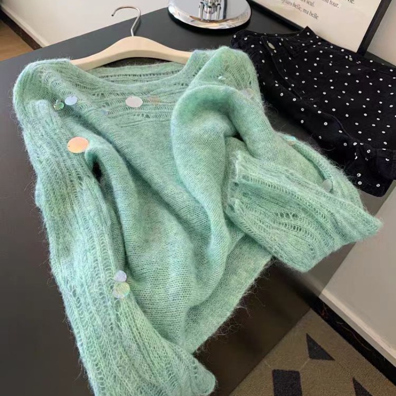 自留款推荐~多巴胺绿色镂空亮片针织衫女秋季新款高级感软糯毛衣|undefined