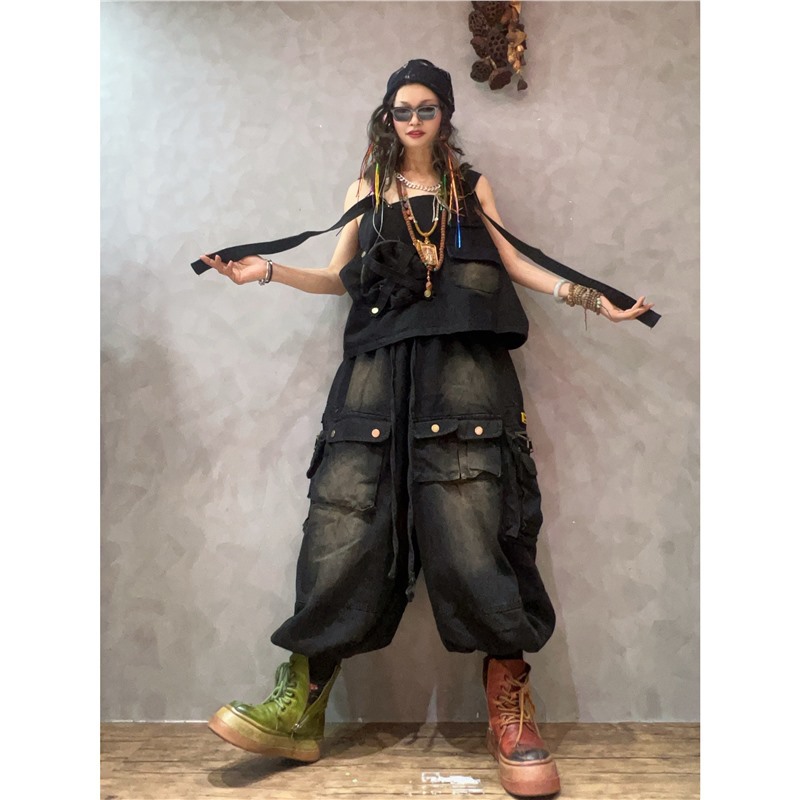 Personalidad de moda cool chaleco de calles sin mangas de bolsillo vaqueros pantalones de trabajo sueltos ociosos grandes set de moda image 5
