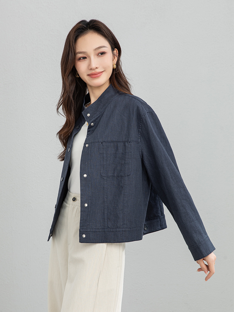 Áo khoác nữ dáng dài cổ đứng tay dài phong cách Hàn Quốc chất liệu ramie cotton thoáng mát — Xám xanh