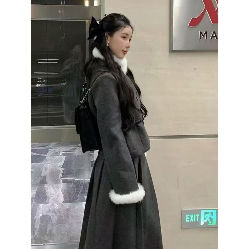 设计感绝美小套装财阀韩系千金毛领香风外套秋冬季高腰百褶半身裙|undefined