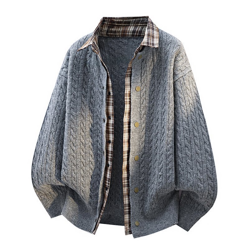 Men's autumn sweater with a turn-down collar, new solid color fashion two-piece knit set, knitted cardigan, casual shirt jacket