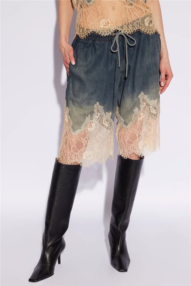 Personality Denim Two Piece Set Summer Drag Sister Sexy Lace Stitching Soft Surface Denim Suspender Shorts Sets