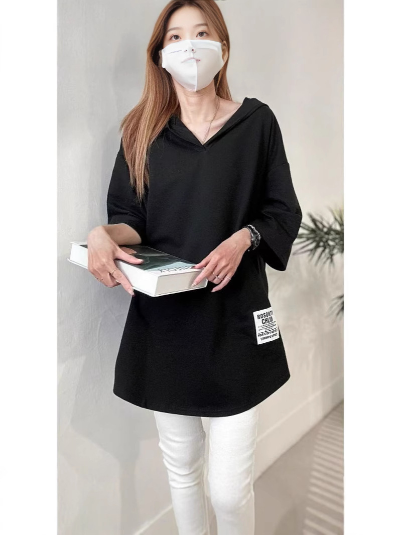 Small Fish Scale Plus Size Women's Top with Label Hooded Hem Asymmetrical T-Shirt 2025 Summer New Loose Fat mm