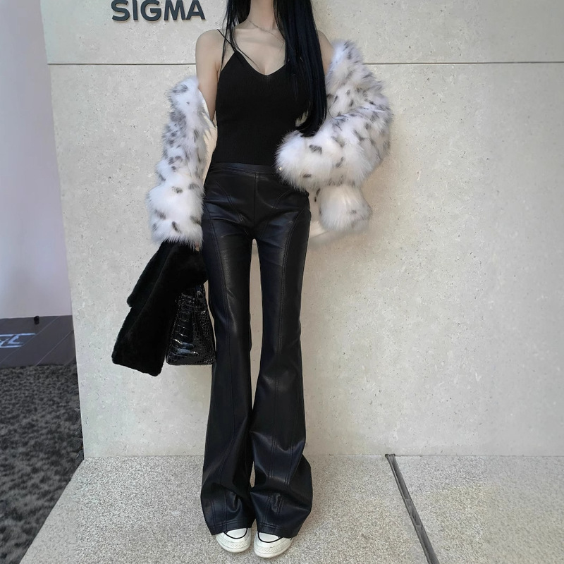 Unique Design American-Style Spicy Girl Patchwork Cut Mid-Low Waist Flared Pants Versatile Slimming Hip-Hugging Pu Leather Pants Long Pants