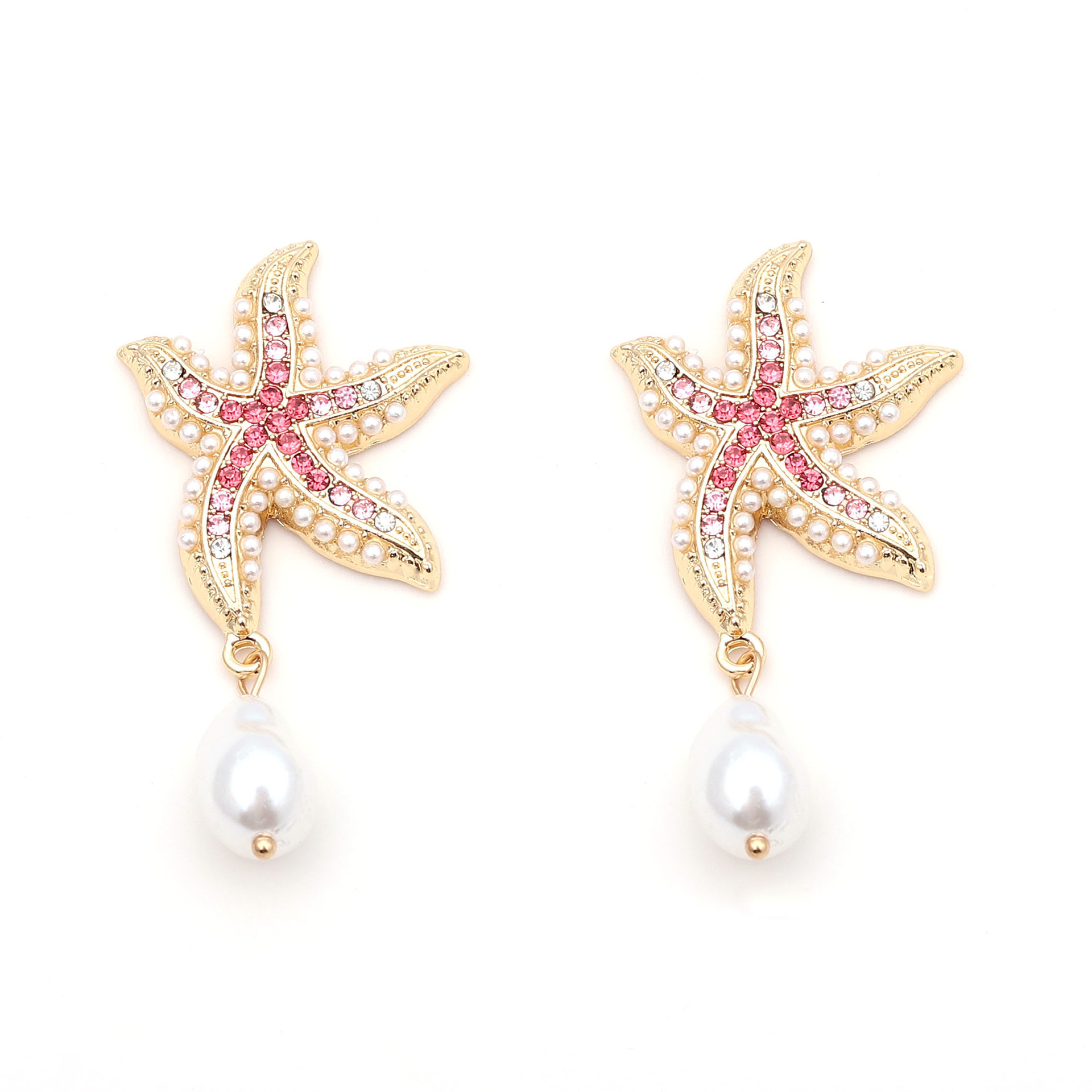 14g Weight 1 Pair Casual Beach Starfish Inlay Zinc Alloy Rhinestones Pearl Drop Earrings