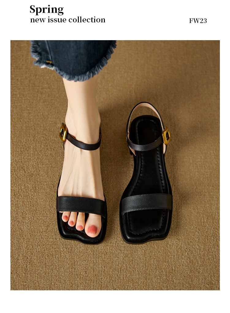 Sandal quai ngang hở mũi vuông đế bệt khóa đơn giản cỡ lớn 34–43 — Màu nâu chi tiết 13