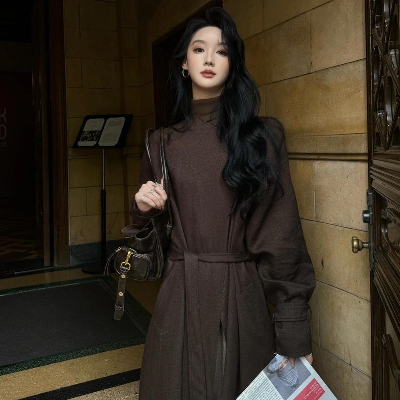 赫本风高级感长外套长款复古气质系带收腰棕色风衣女|undefined