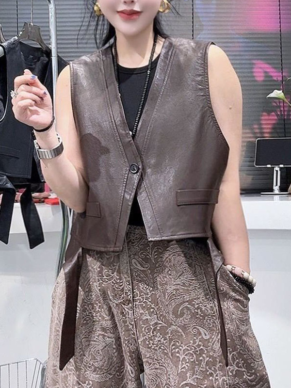 2025秋季新款皮马甲女短款PU皮无袖背心坎肩修身显瘦百搭上衣潮|undefined