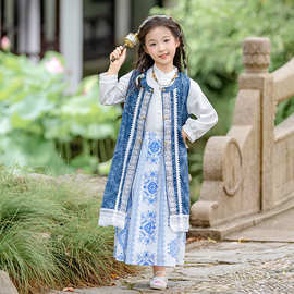 中国风唐装古风2025秋季新款汉服新中式比甲三件套表演拍照女童
