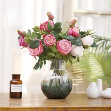 仿真花假花3头手感保湿ins北欧玫瑰婚礼客厅餐桌摆件摆设绢花摆放