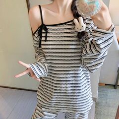 色织条睡衣女士春秋季长袖长裤套装条纹时尚露肩吊带可外穿家居服