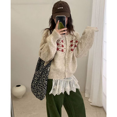 甜美重工刺绣花朵针织开衫女秋冬新款宽松设计感小众毛衣外套上衣