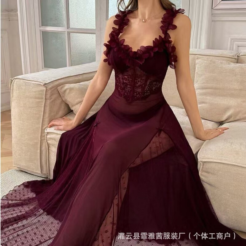 Cross-Border European and American Style Elegant Solid Color Strapless Long Dress with Mesh, Sexy Sheer Slim-Fit Halter Dress with Slit Cross-Border European and American Style Elegant Solid Color Strapless Long Dress with Mesh, Sexy Sheer Slim-Fit Halter Dress with Slit